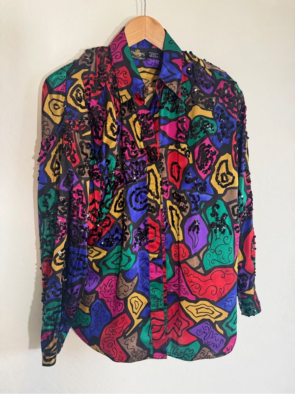 Vintage Oleg Cassini Sequin Abstract Stained Glass Print Silk-Look Blouse Size 6